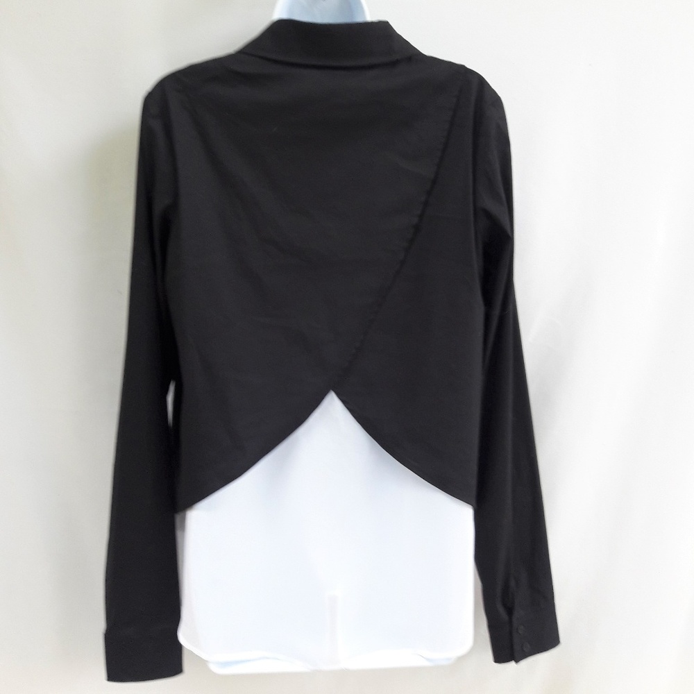 Bailey 44 Black Blouse Button Front Open Overlap Crossover Back White USA L - Picture 2 of 8